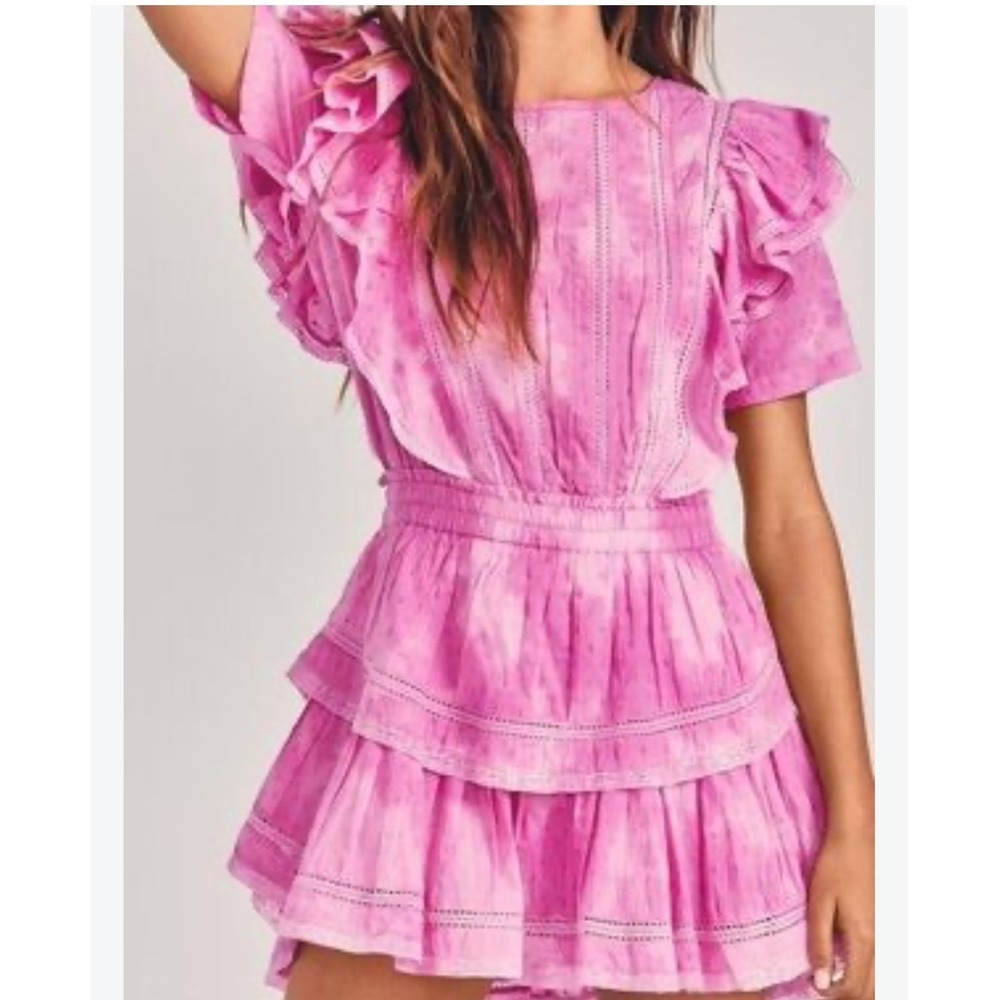 LoveShackFancy Natasha Mini Dress Begonia Hand Dye Pink Ruffle Lace Size M